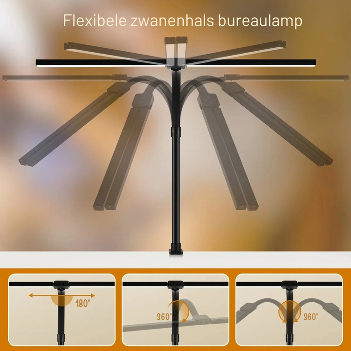 Strakke moderne LED bureaulamp met dubbele lichtbron en dimfunctie. Ideaal voor een stijlvolle en functionele werkplek.