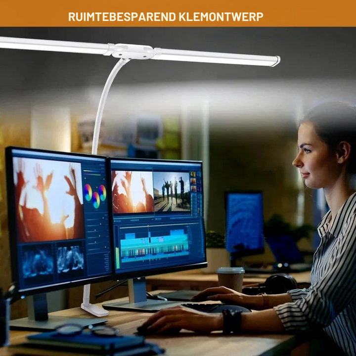 Dubbele LED bureaulamp, dimbaar met USB voeding, modern wit design. Biedt flexibele en stijlvolle verlichting.