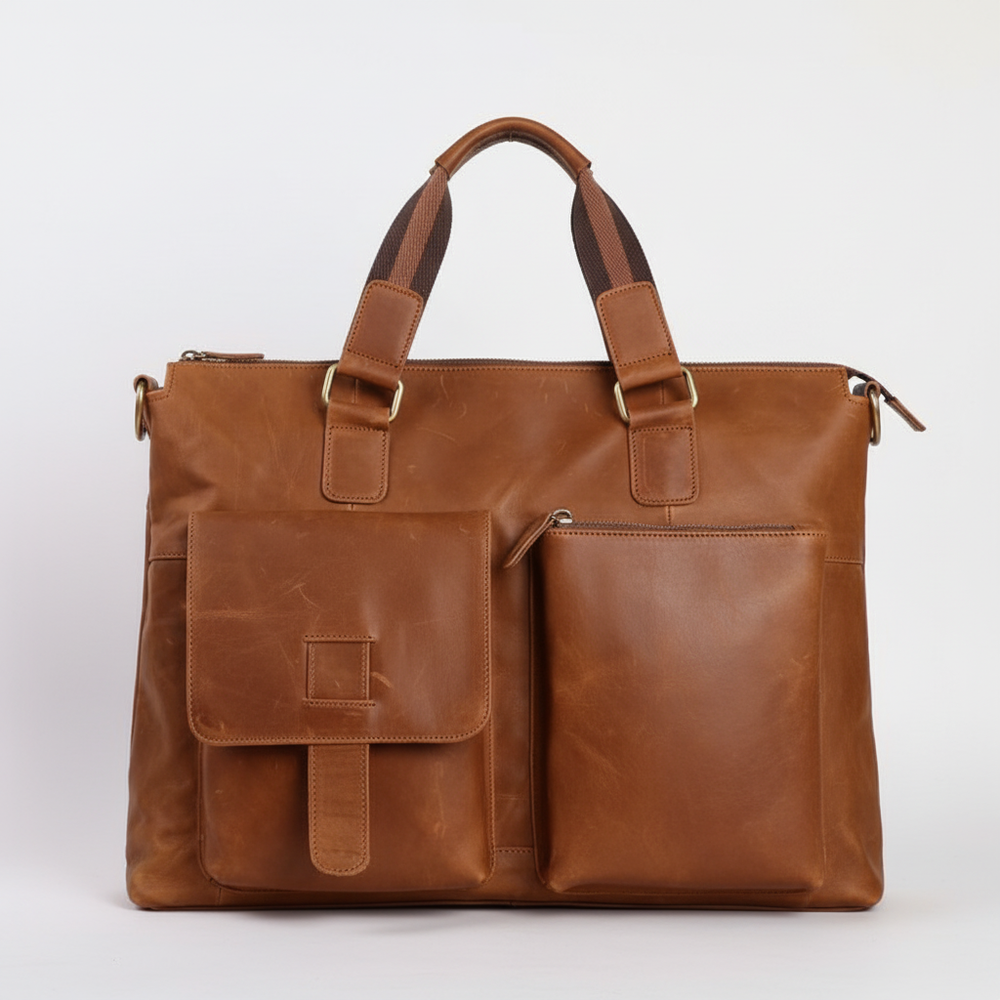 Elegante leren schoudertas, functioneel voor werk en reizen, als heren- of damestas.