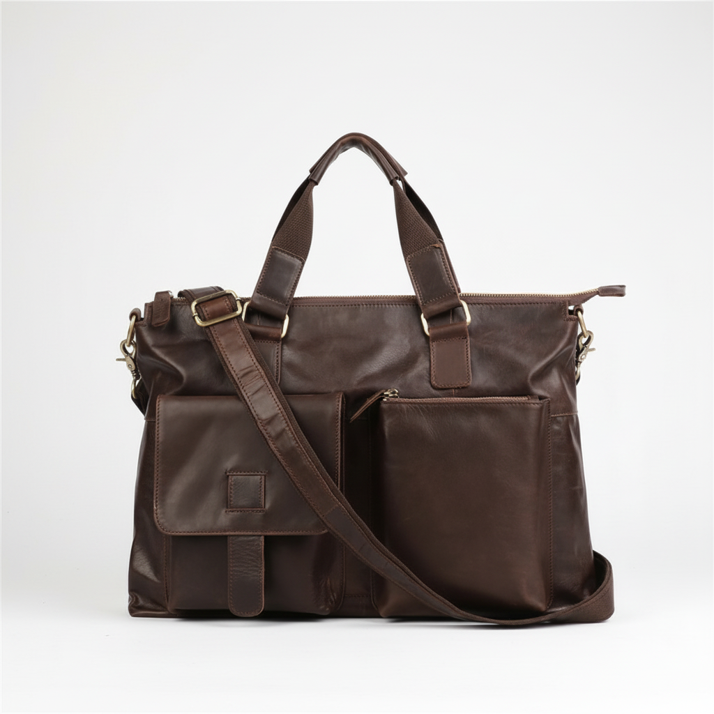 Grote leren vintage aktetas; multifunctionele werktas, laptoptas en schoudertas voor dames en heren.