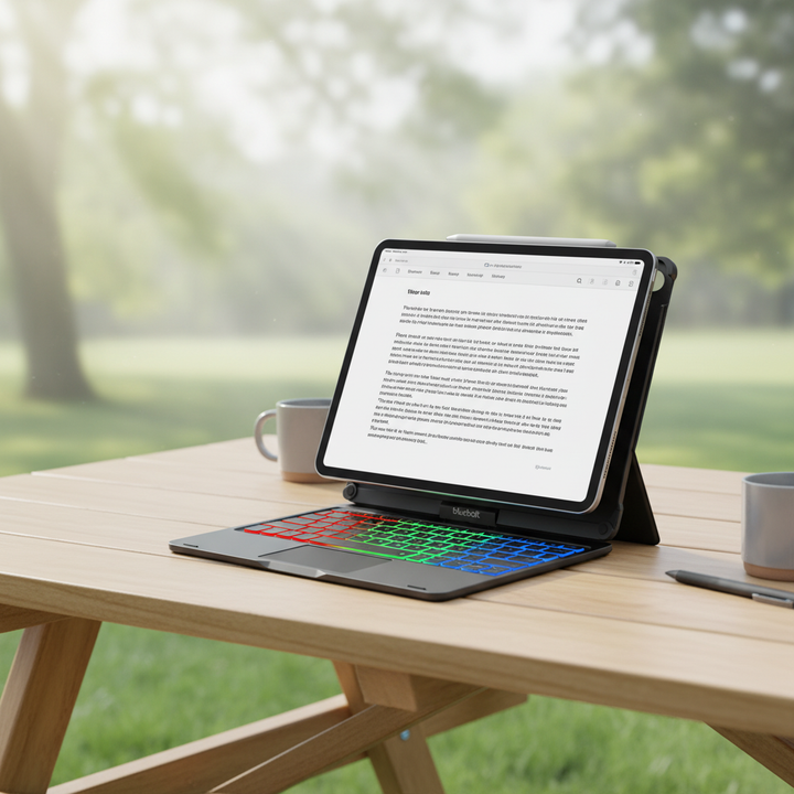 Roterende iPad hoes met geïntegreerd Bluetooth toetsenbord, voor 360 graden bescherming en flexibele kijkhoeken.