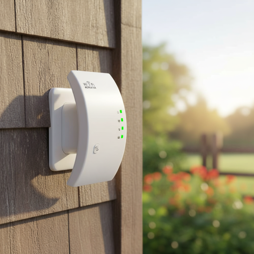 Witte universele wifi-versterker NetBoost met WPS, verbetert draadloos internetbereik voor stabiele verbinding.