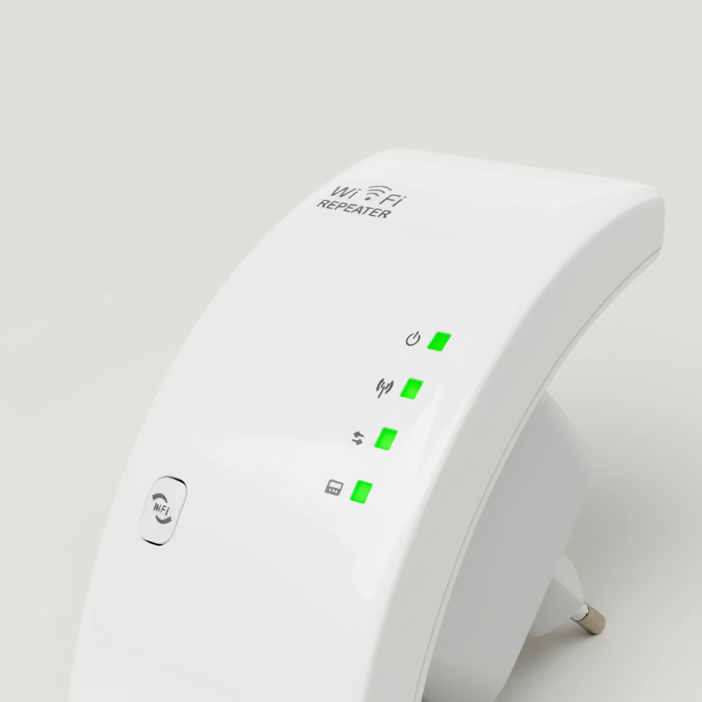 NetBoost wifi-versterker met WPS-knop voor snelle installatie, ideaal voor streaming, gaming en thuiswerken.