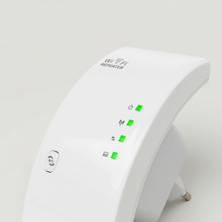 NetBoost wifi-versterker met WPS-knop voor snelle installatie, ideaal voor streaming, gaming en thuiswerken.