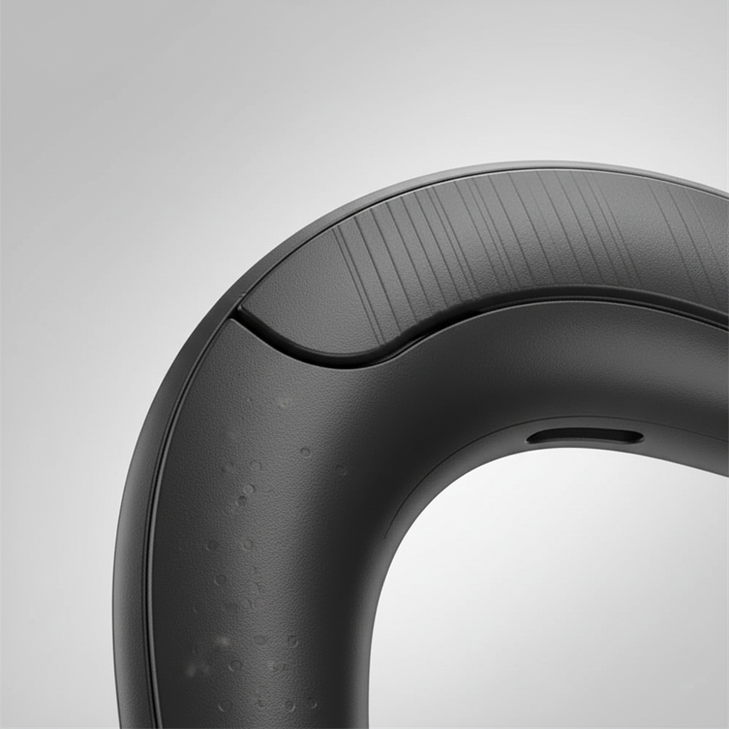 Zwarte Boneacoustic botgeleiding sport headset, draadloos en comfortabel voor veilig buiten sporten.