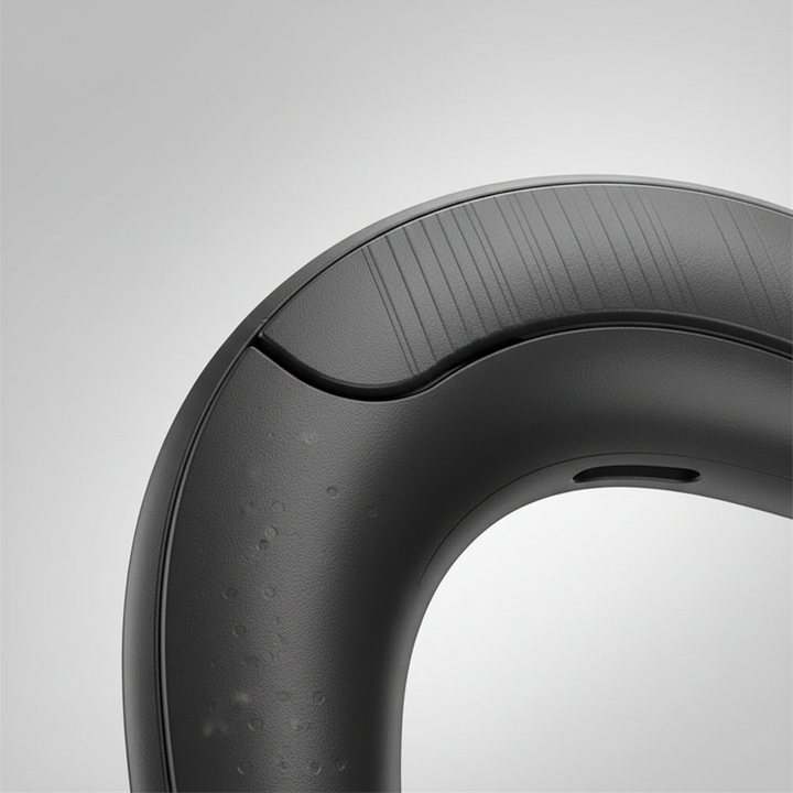 Zwarte Boneacoustic botgeleiding sport headset, draadloos en comfortabel voor veilig buiten sporten.