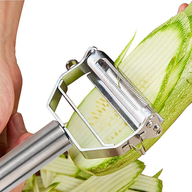 Duurzame RVS dunschiller met ergonomisch design voor comfortabel en efficiënt schillen van groenten en fruit.