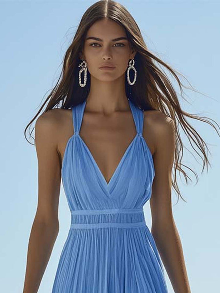 Vloeiende lichtblauwe maxi jurk voor dames, comfortabel en stijlvol voor elke zomerse setting of event.