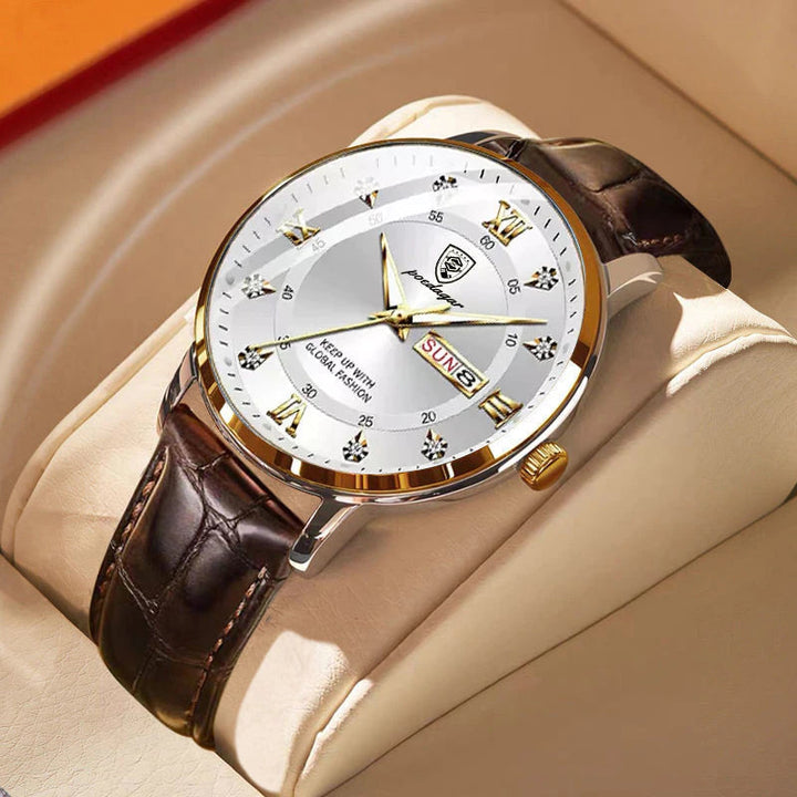 Lichtgevend heren RVS horloge, waterdicht en quartz. Perfect voor avontuur en stijlvolle outfits, met een goudwitte touch.