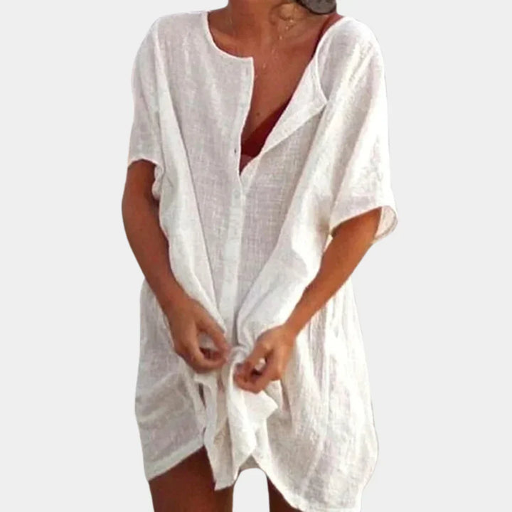 Dames luchtige linnenblend strandtuniek van Hoymans, ideaal als comfortabele zomerjurk of coverup voor vakantie.