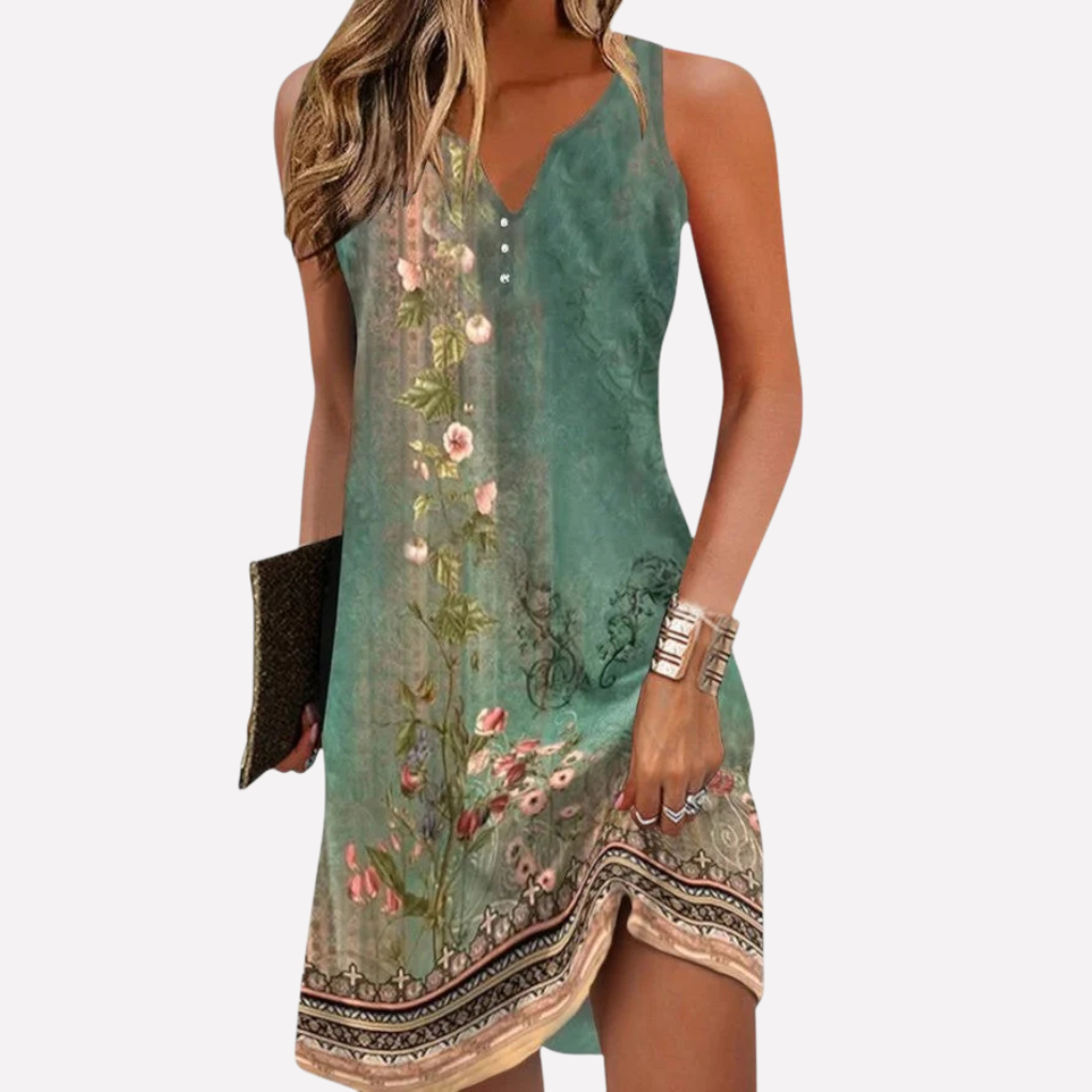 Dames mouwloze mini zomerjurk met vrolijke bloemenprint, ideaal voor een casual of feestelijke zomeroutfit.