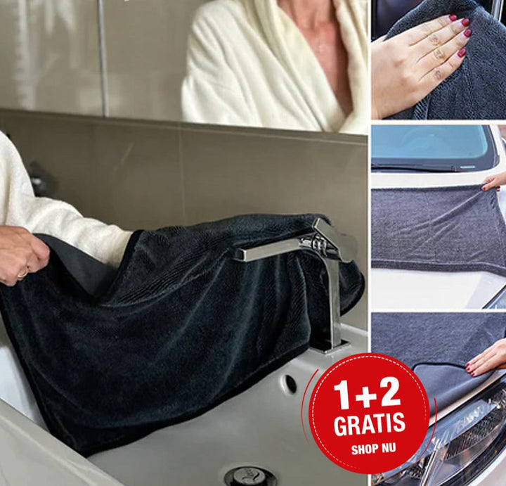 Hoogabsorberende microvezel droogdoek toont zijn sneldrogende eigenschappen, ideaal voor auto en huishouden.