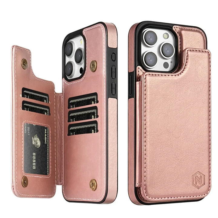 Moderne leren iPhone beschermhoes met slimme kaartvakken, een luxe accessoire voor je mobiel.