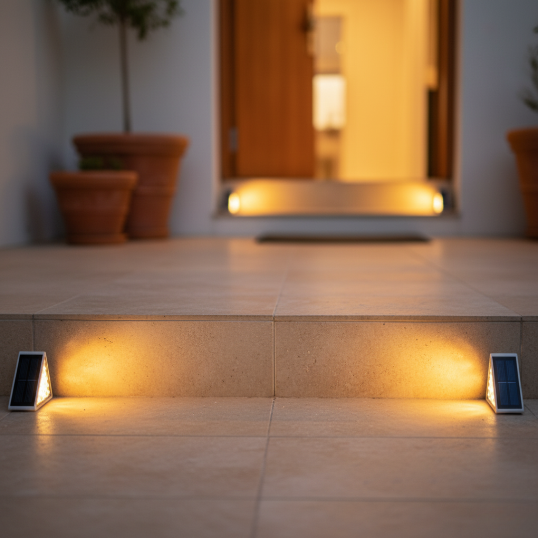 Sfeervolle draadloze LED solar tuinverlichting, verlicht trappen en paden automatisch bij schemering.