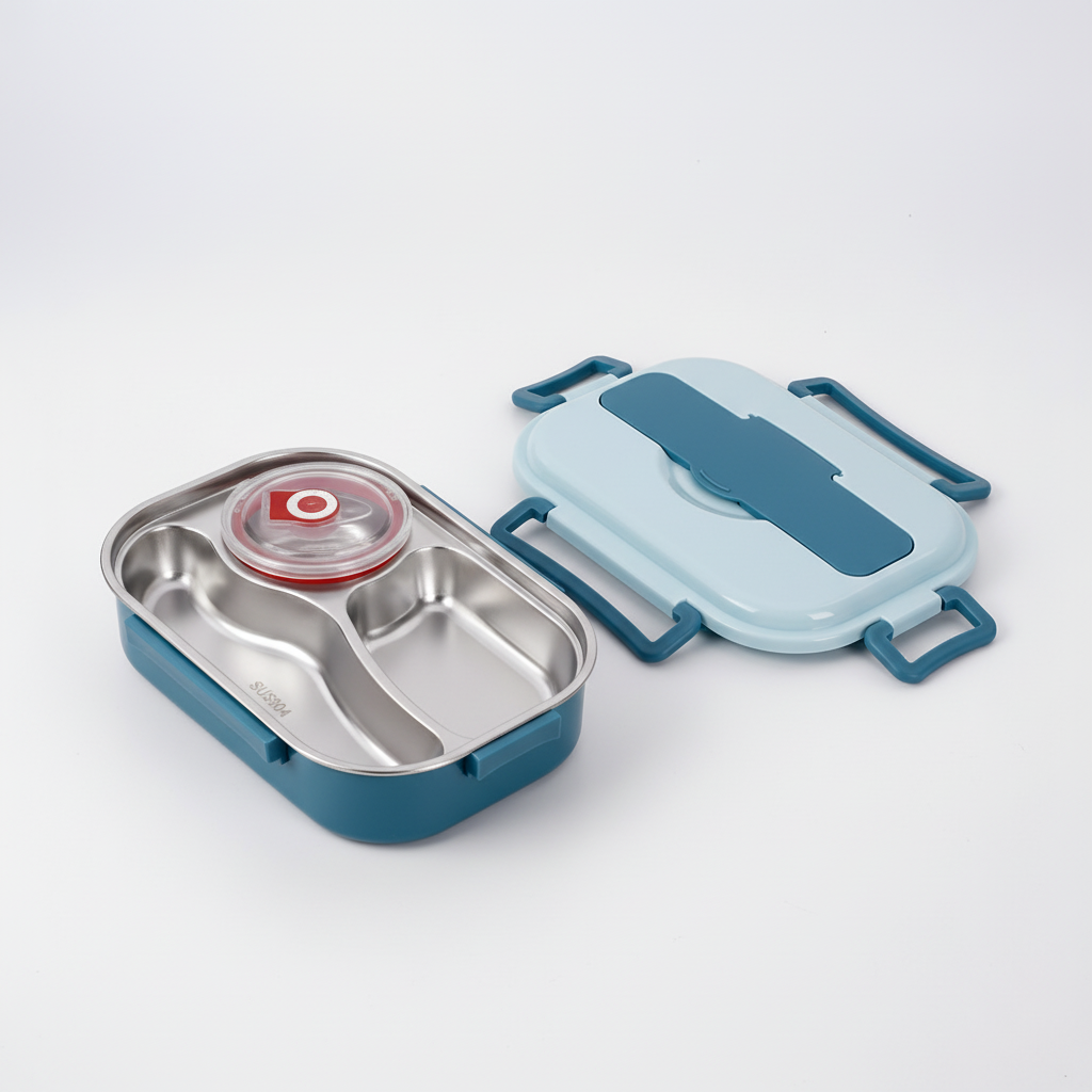 Veelzijdige RVS lunchbox met isolatie en compartimenten voor diverse, warme en koude gerechten.