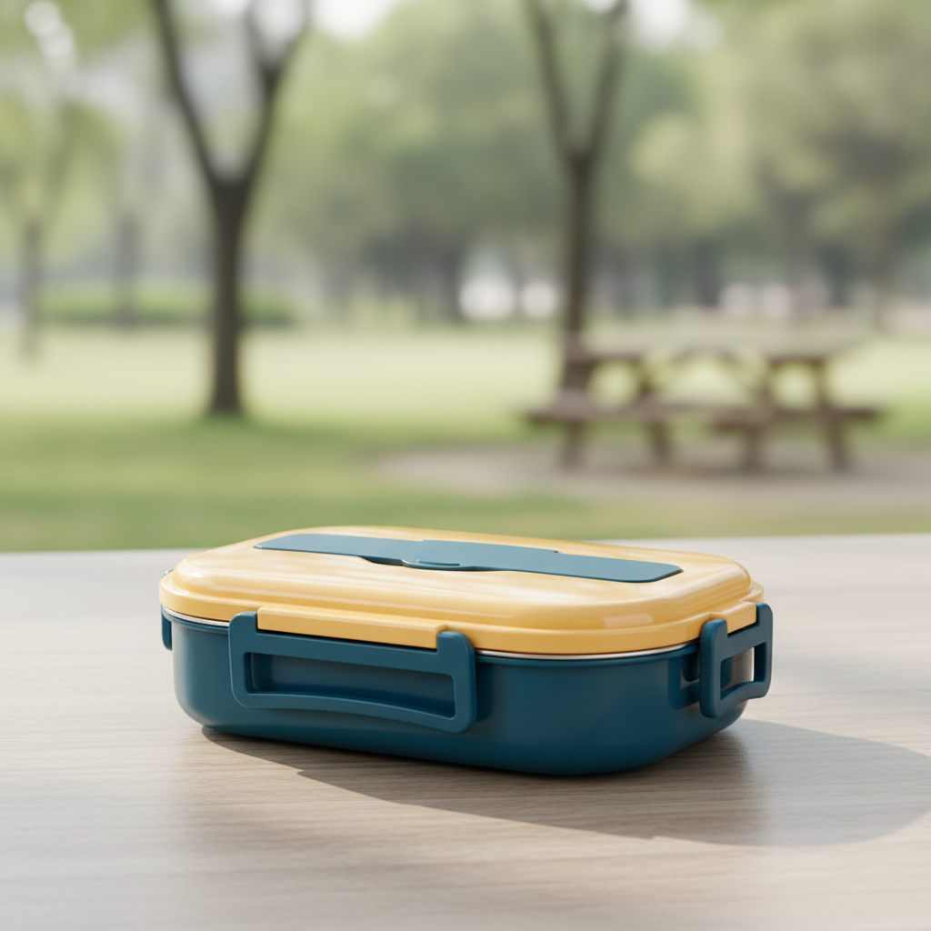 RVS thermische bento lunchbox met meerdere compartimenten, ideaal voor verse, warme maaltijden onderweg.