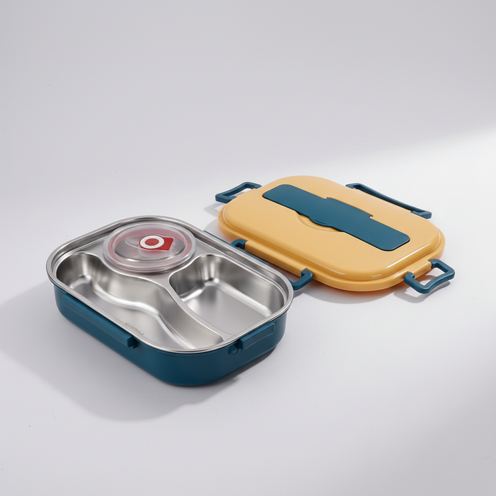 Geïsoleerde RVS bento lunchbox die maaltijden lang warm houdt; perfect voor werk, school of picknicks.