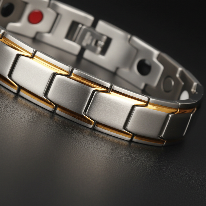Roestvrijstalen SlimAura armband voor wellness, verrijkt met magnetische therapie voor een betere gezondheid.