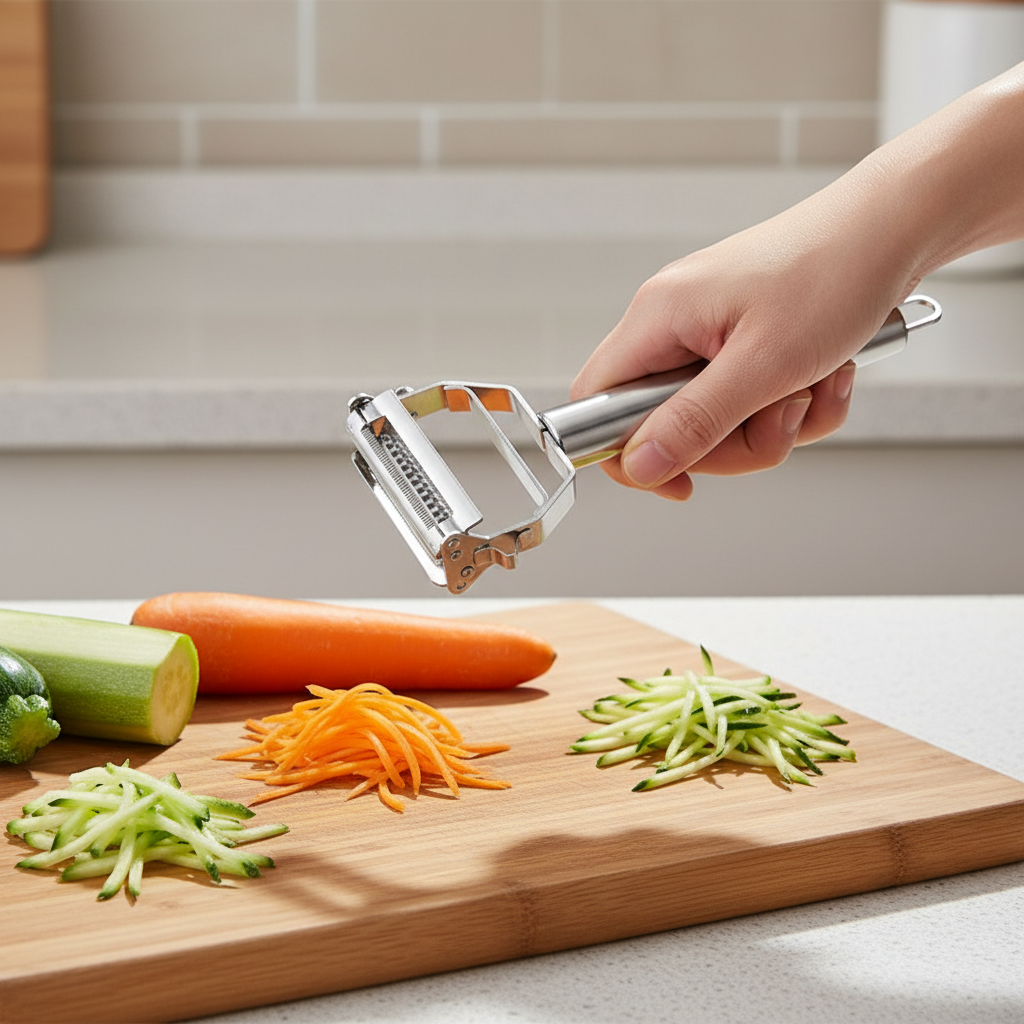 Roestvrijstalen dualklingen schiller voor groenten en fruit. Efficiënt schillen met duurzaam design.