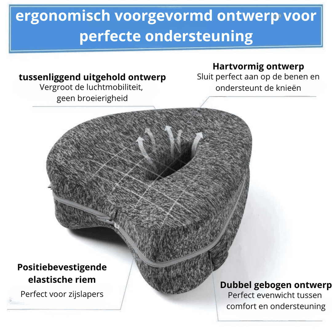 Zijslaper heupkussen van ZenEase; ondersteunt benen en heupen voor comfort & minder rugpijn tijdens slaap.