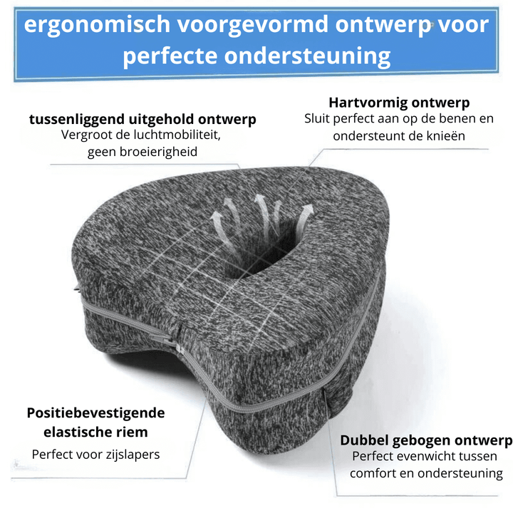 Zijslaper heupkussen van ZenEase; ondersteunt benen en heupen voor comfort & minder rugpijn tijdens slaap.
