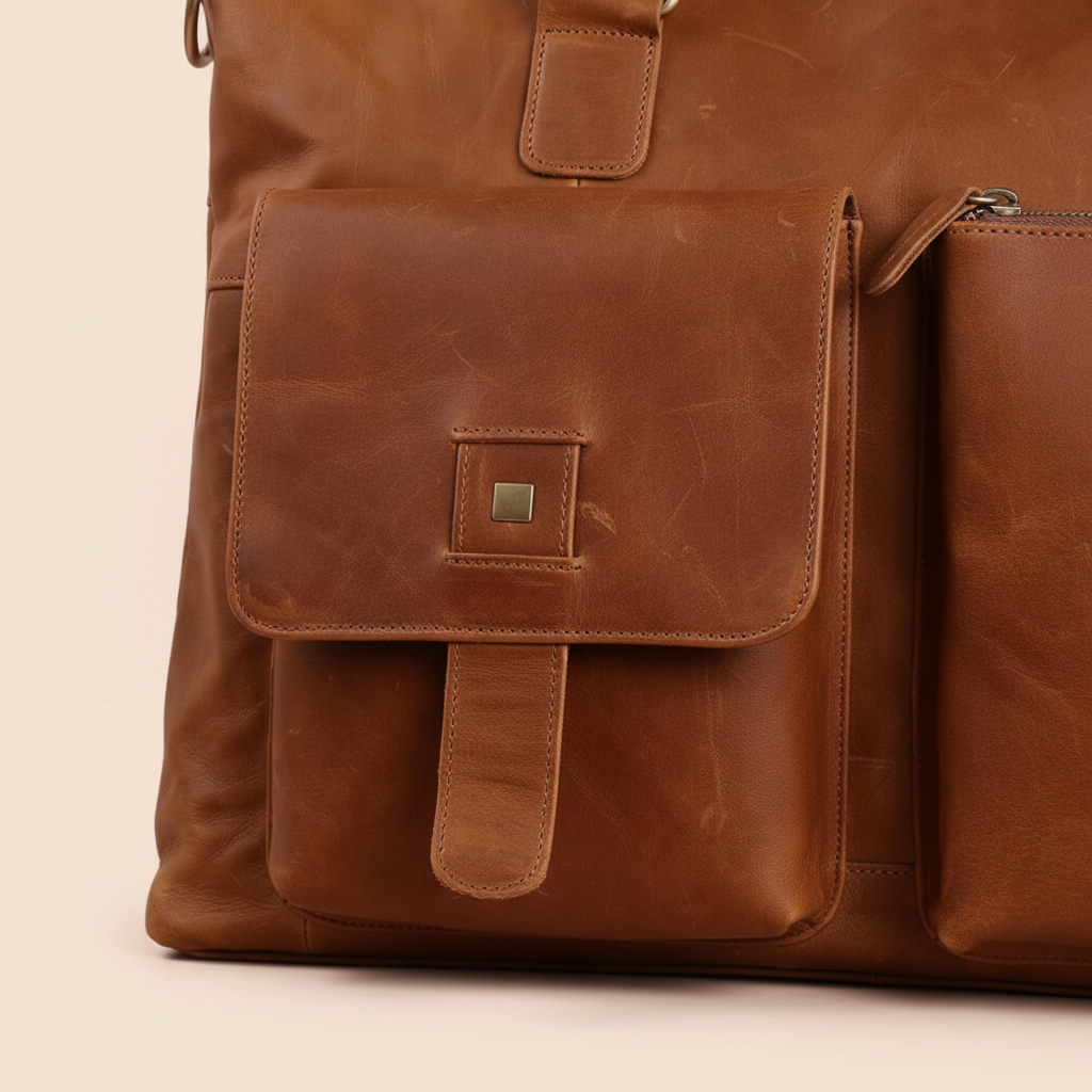 Stijlvolle unisex aktetas van leer, ideaal voor laptop en documenten, combineert functionaliteit en elegantie.