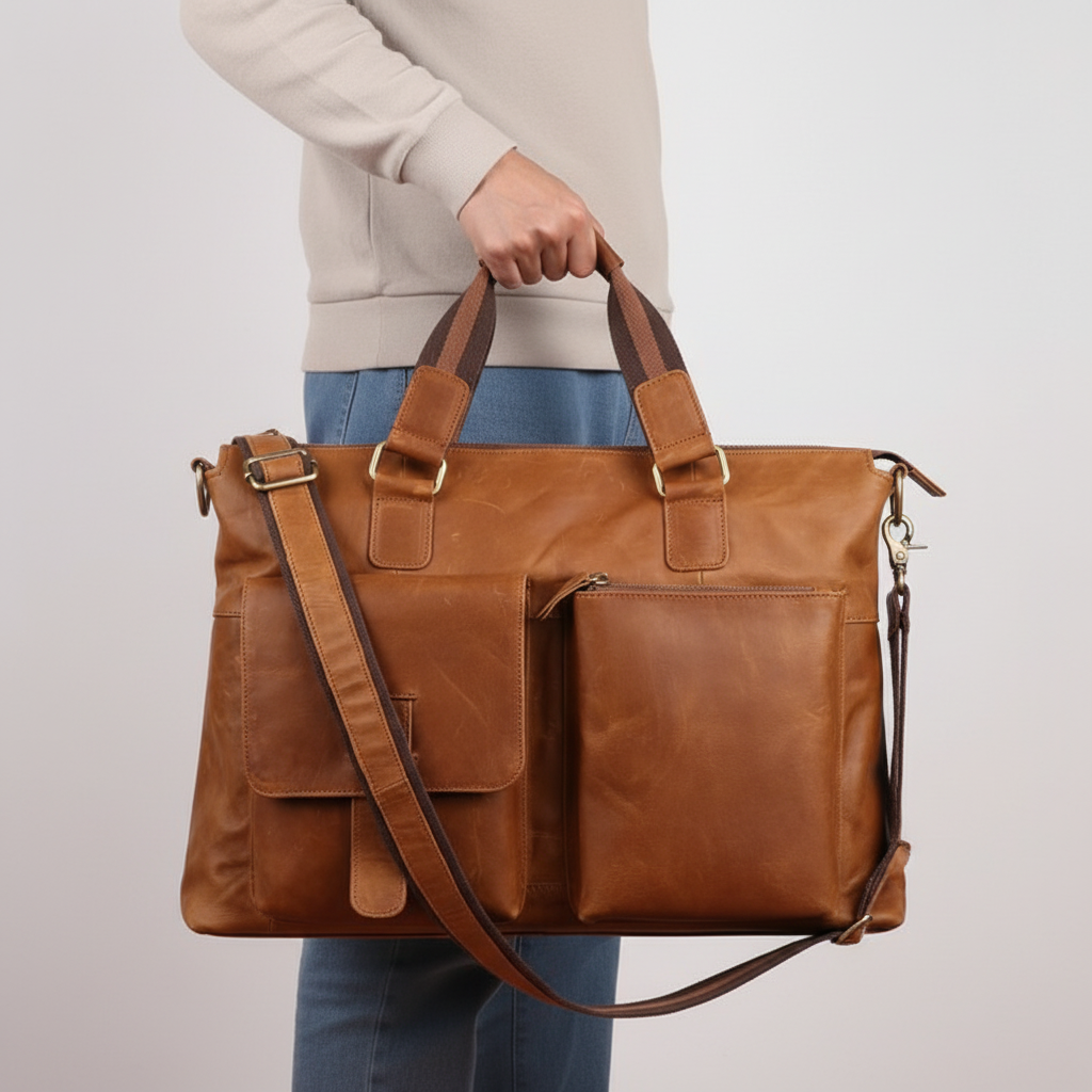 Duurzame leren documententas, elegant en ruim, ook als laptoptas of schoudertas te gebruiken voor werk.