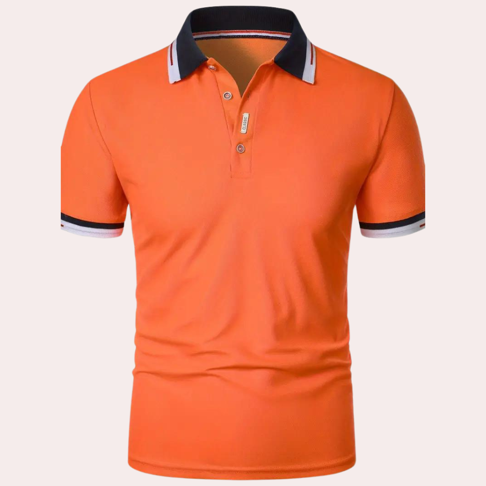 Heren oranje polo met kraag en knoopsluiting, perfect voor een sportieve of smart casual look.