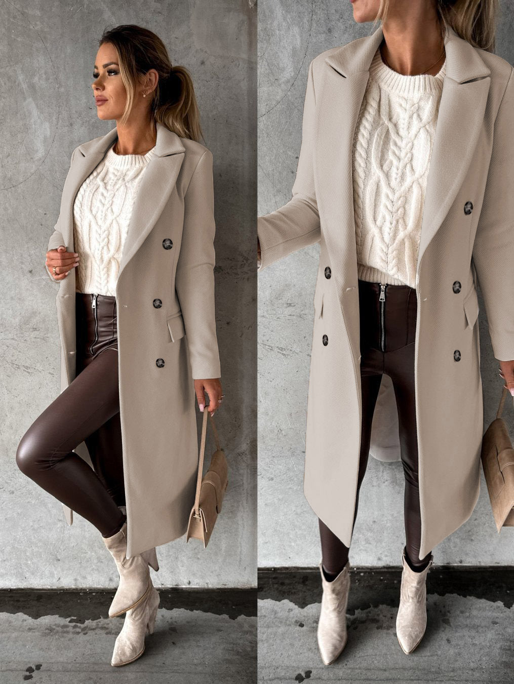 Bruine lange damesjas, warme comfortabele mantel. Klassieke elegante bovenkleding voor stijlvolle damesmode.