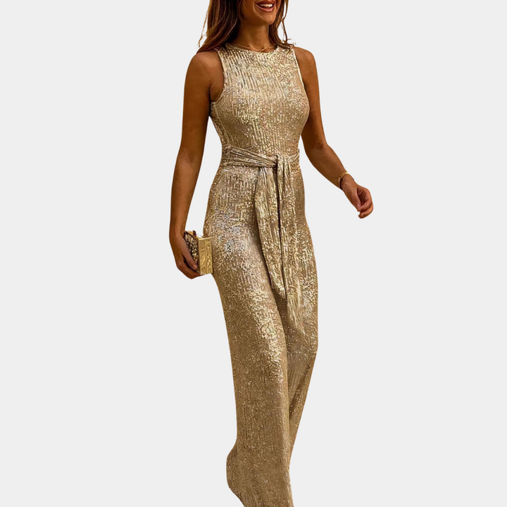 Sprankelende dames glitterjumpsuit, ideale avondkleding voor gala, bruiloft of een chique cocktailparty. Comfortabel.