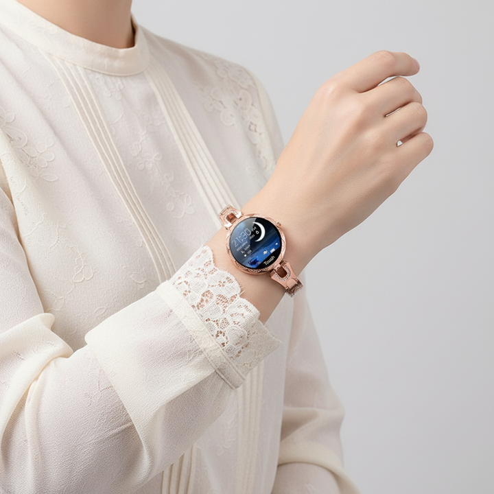 Gedetailleerde weergave van de HydroGlow dames smartwatch, met focus op het duidelijke scherm en functionaliteiten.