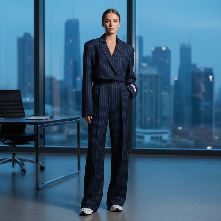 Elegant damespak 'Regina' met stijlvolle blazer en broek, perfect voor zakelijke of formele gelegenheden.