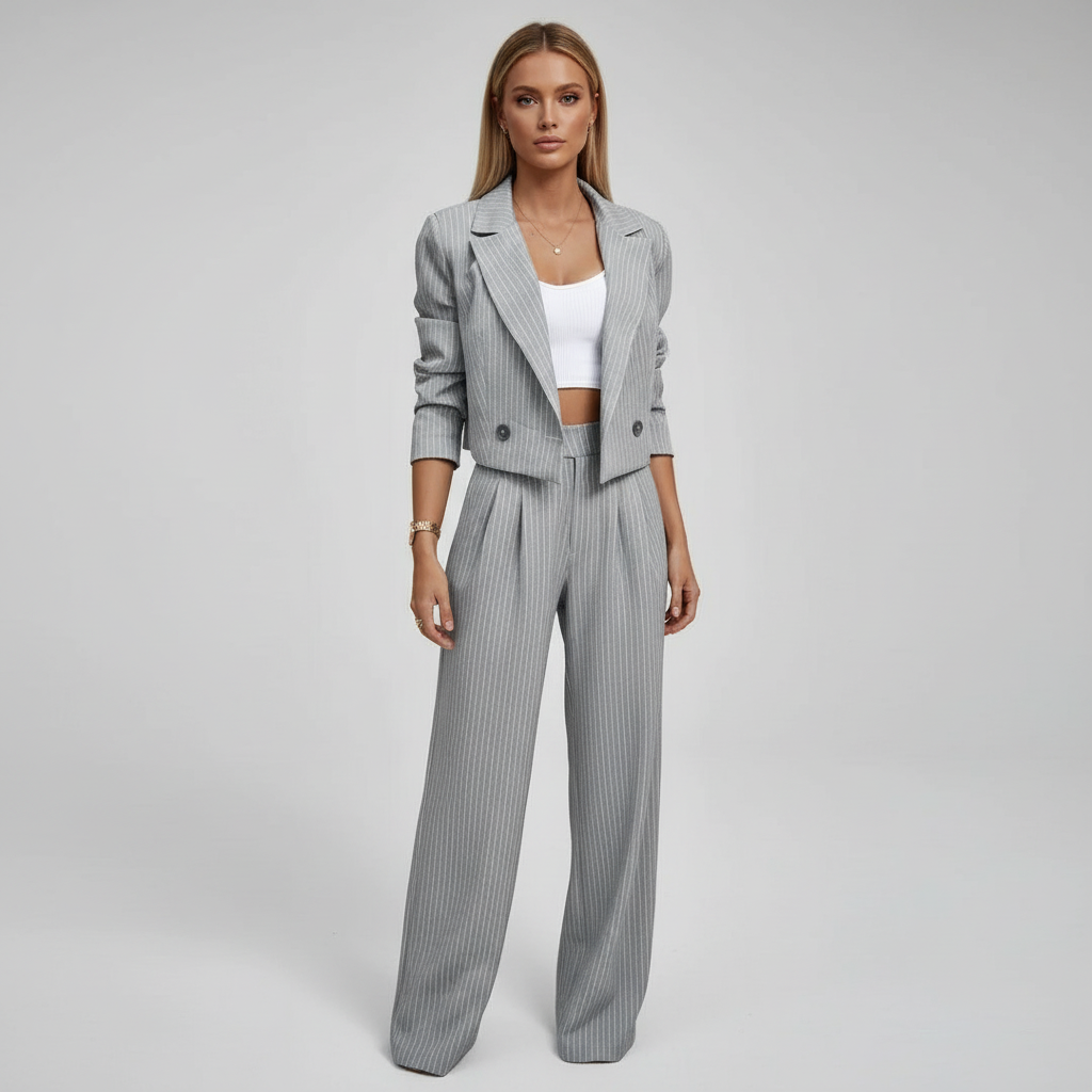 Zakelijk damespak Regina, een comfortabele en elegante kantooroutfit, ideaal voor formele meetings.