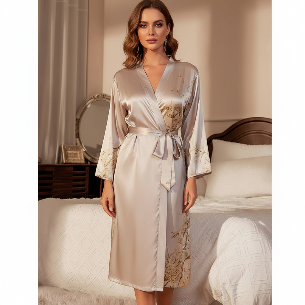 Lara dames satijnen bademantel, stijlvol en comfortabel, perfect voor thuis of als nachtkleding.