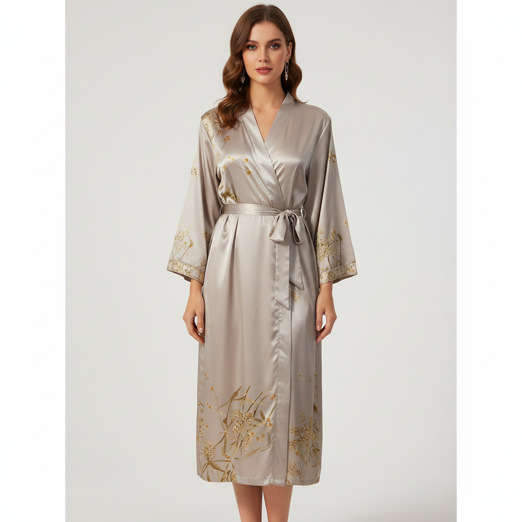 Elegante Lara satijnen ochtendjas voor dames, ideaal voor een luxe gevoel en ontspanning thuis.