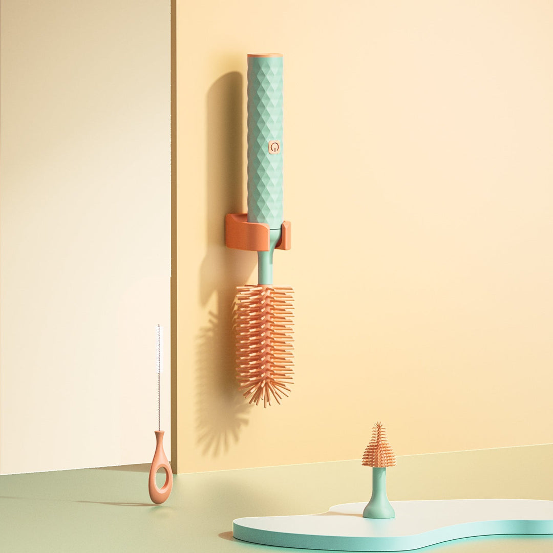 BubblEase elektrische siliconen flessenborstel voor hygiënische reiniging van babyflessen.