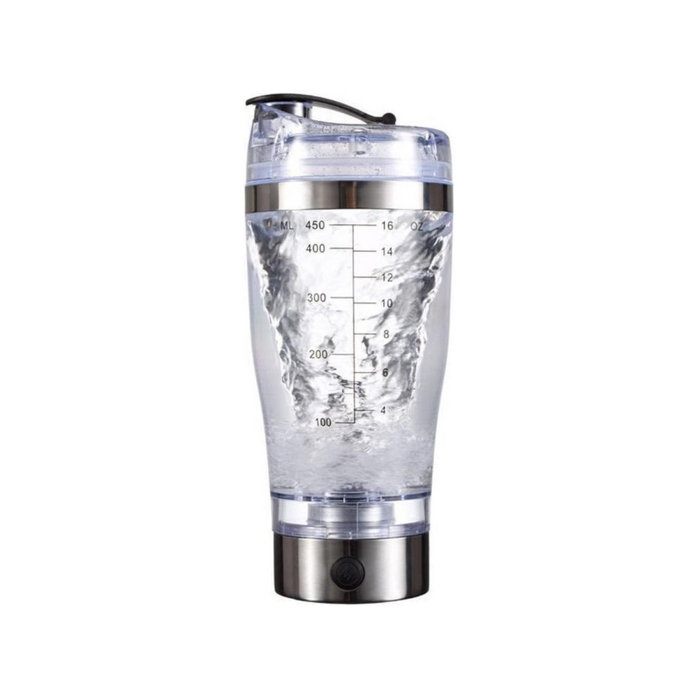Draagbare elektrische shakebeker 450 ml met USB. BPA-vrij materiaal voor veilige sportvoeding en fitness.