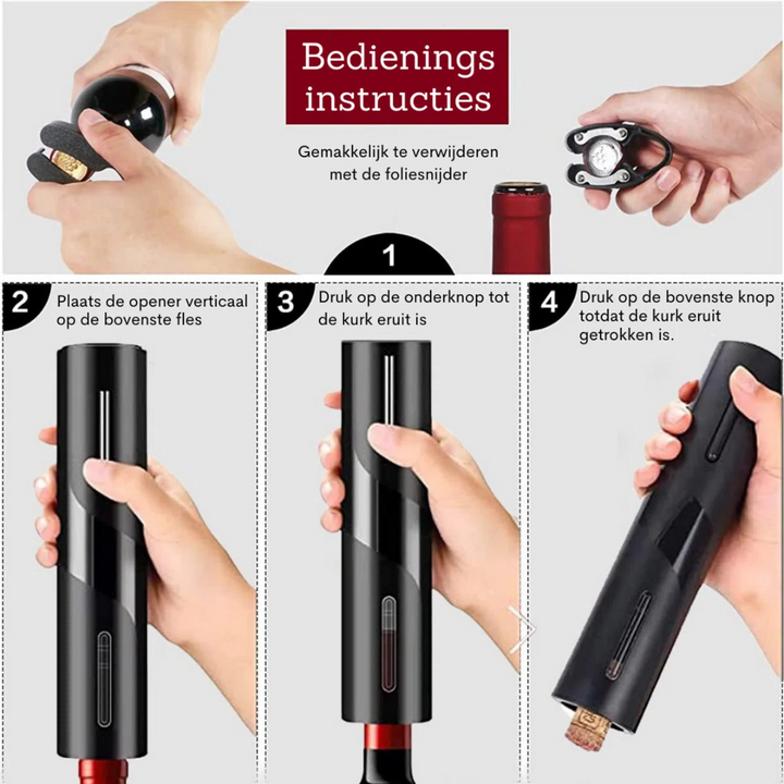 Luxe elektrische wijnopener, een perfect cadeau voor wijnen, gepresenteerd op een gedekte tafel.