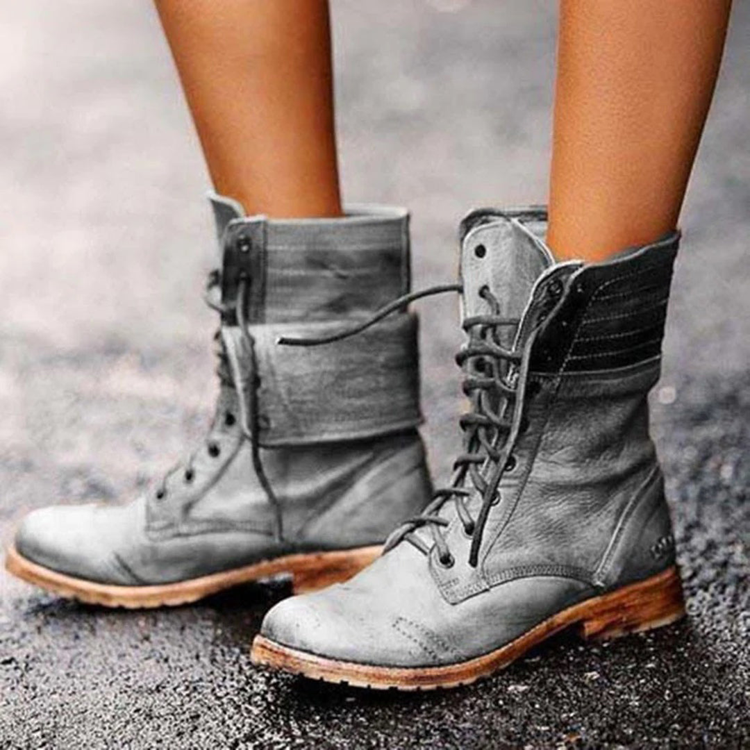 Grijze vintage kunstleer veterschoenen 'Elise' voor dames. Stijlvolle en comfortabele schoenen, perfect voor mode.