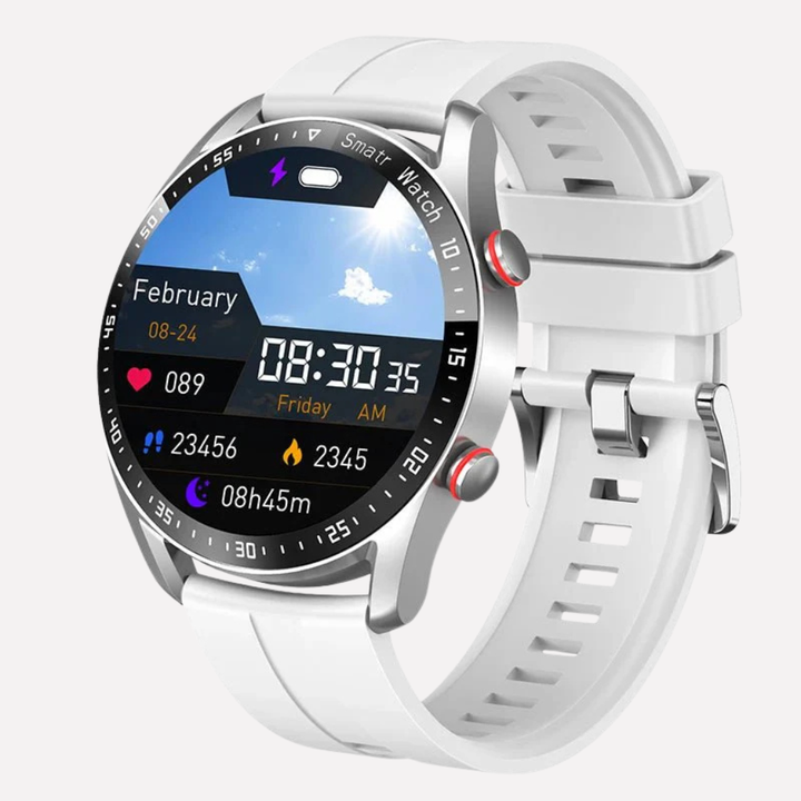 Duidelijk scherm van heren smartwatch New5 toont ECG & hartslaggegevens. Eenvoudige bediening, complete gezondheidsinzichten.