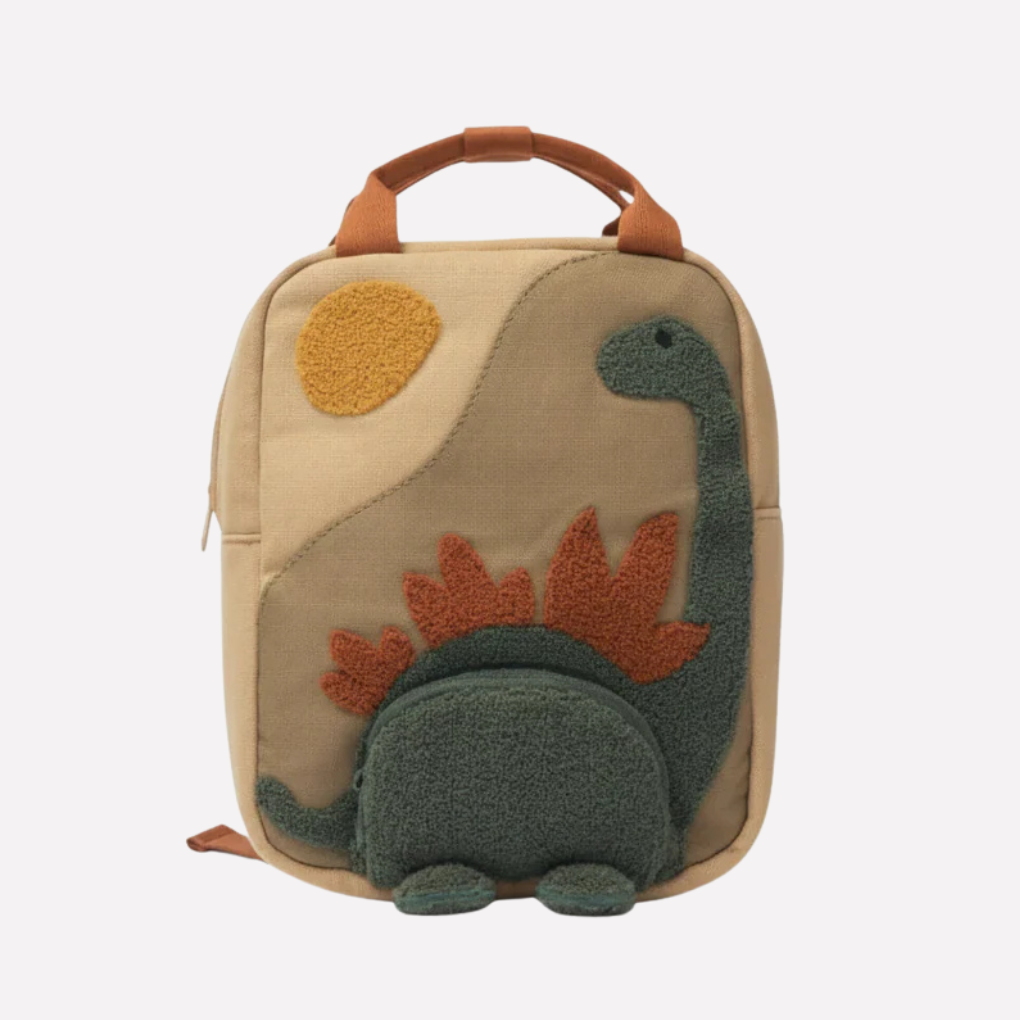 Beige kinderrugzak voor school, ruim en comfortabel, met verstelbare banden voor dagelijks gebruik en avontuur.