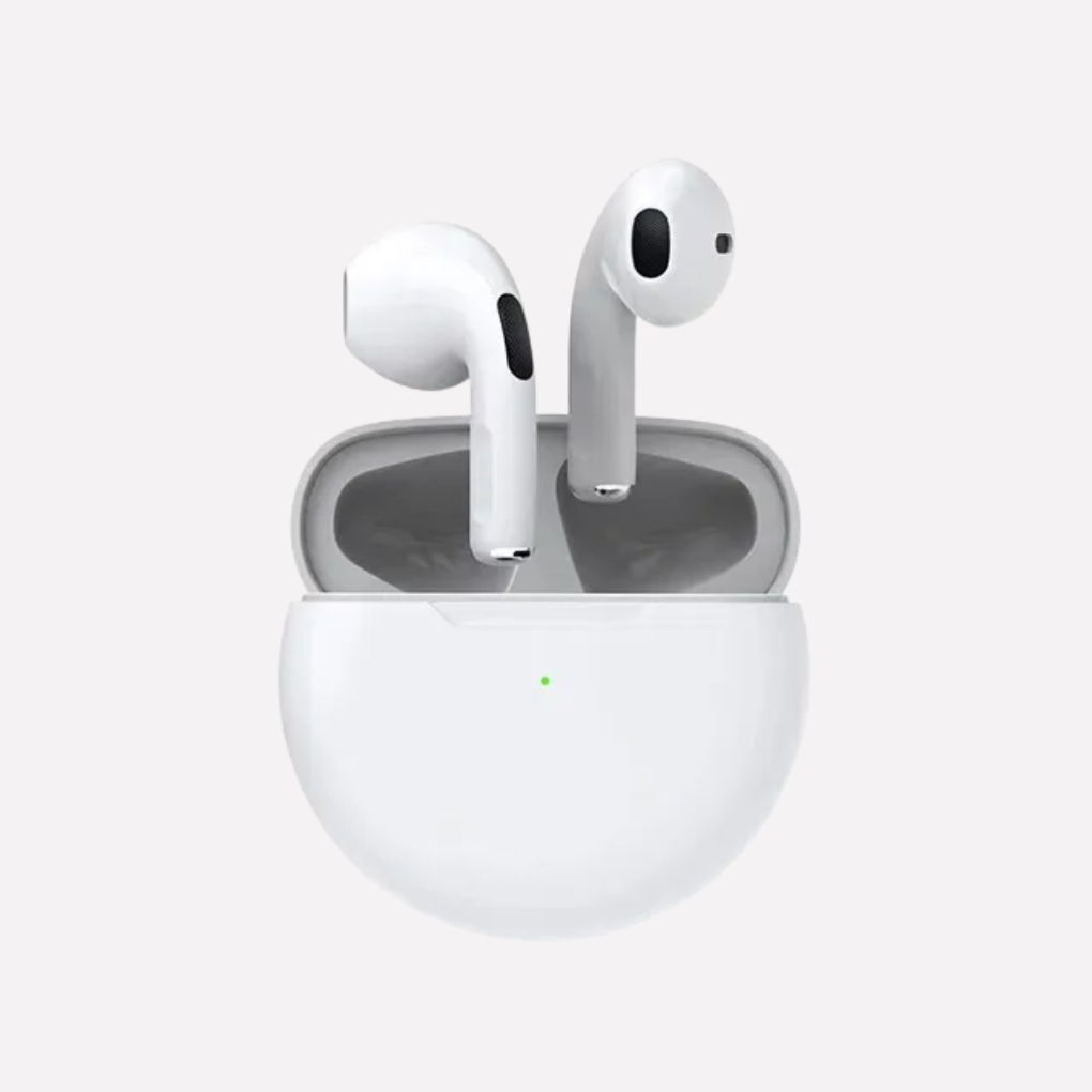 Een persoon draagt witte Air Pro 6 in-ear oordopjes, genietend van draadloze muziek met Bluetooth comfort.