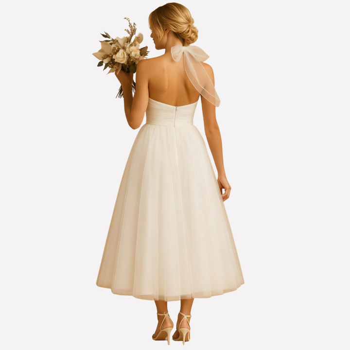 Luxueuze dames avondjurk met elegante halternek, A-lijn model, ideaal voor een gala of feest.
