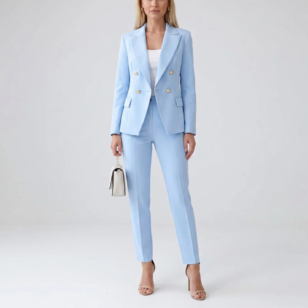 Stijlvolle tweedelige pakset voor dames: een modern jack en een rechte broek, ideaal voor een kantoorlook.