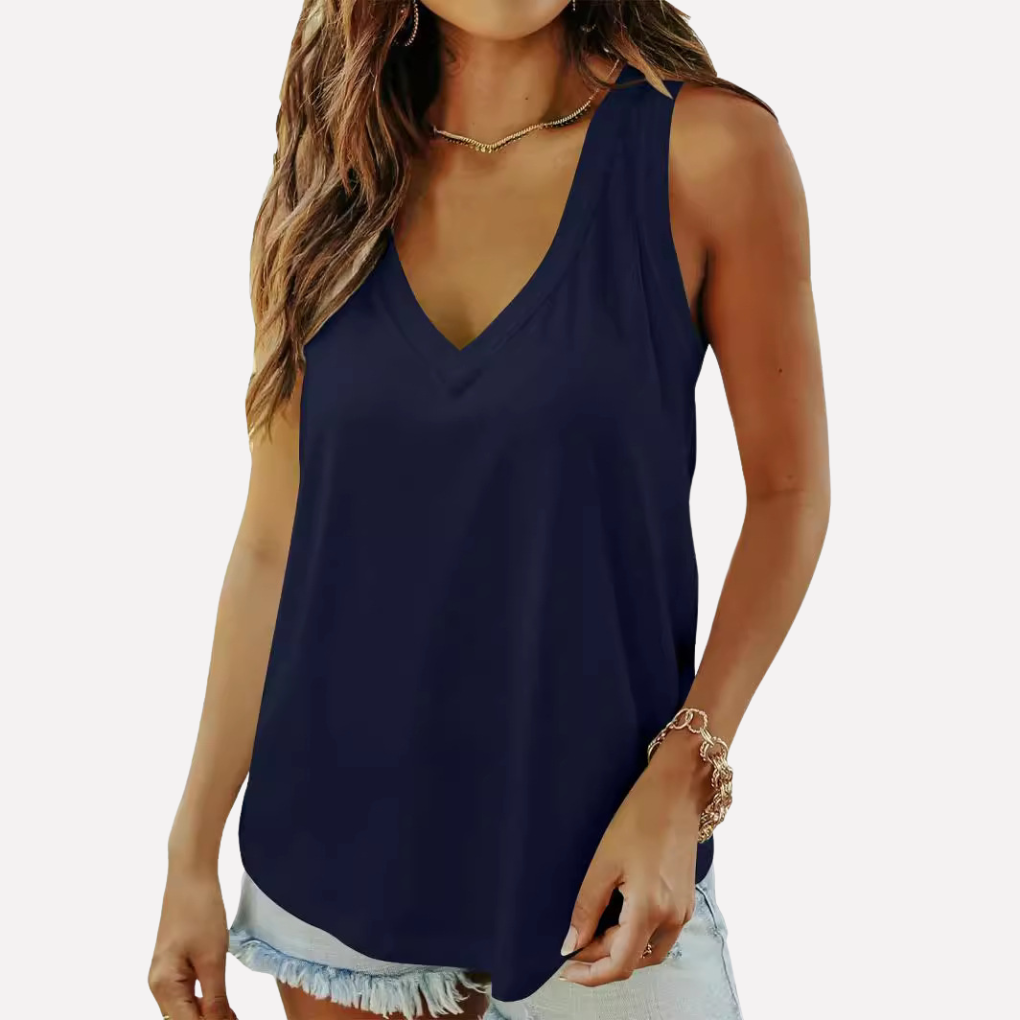 Casual dames tanktop met diepe V-hals, comfortabele losse pasvorm, essentiële zomerkleding.