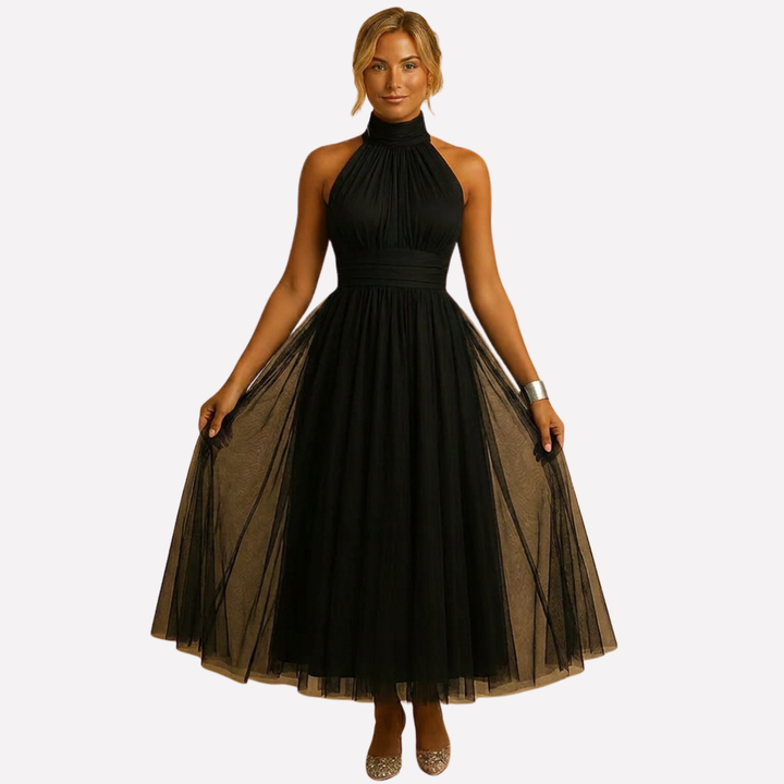 Mouwloze elegante A-lijn feestjurk met halternek voor dames, comfortabel en stijlvol voor elke avond.