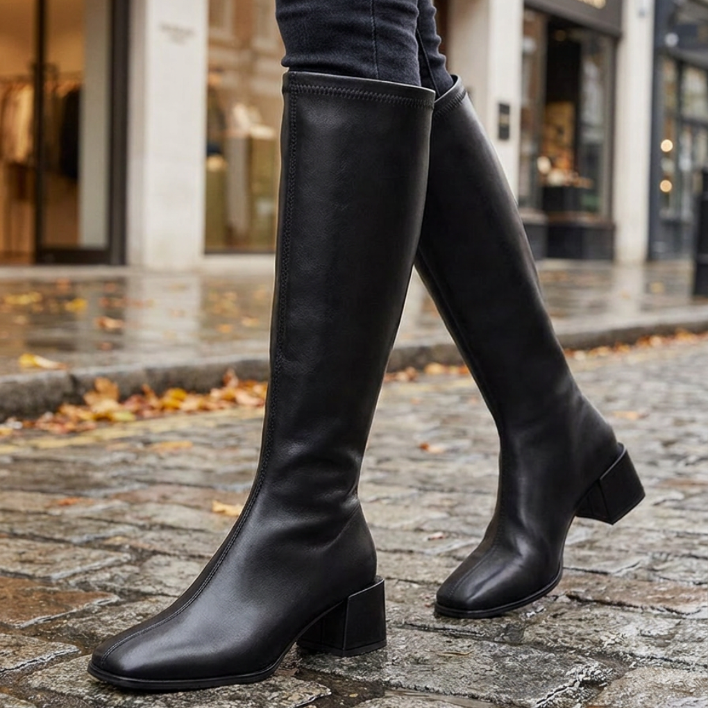 Elegante zwarte kniehoge leren dameslaarzen, perfect voor een stijlvolle look in herfst en winter.