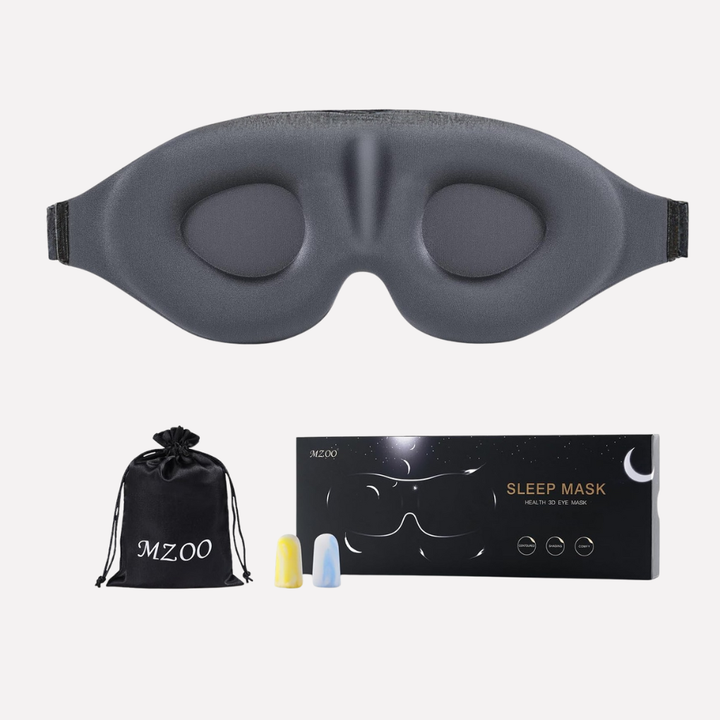 Ergonomisch 3D slaapmasker met geheugenfoam voor drukvrije oogruimte en diepe, rustgevende slaap.