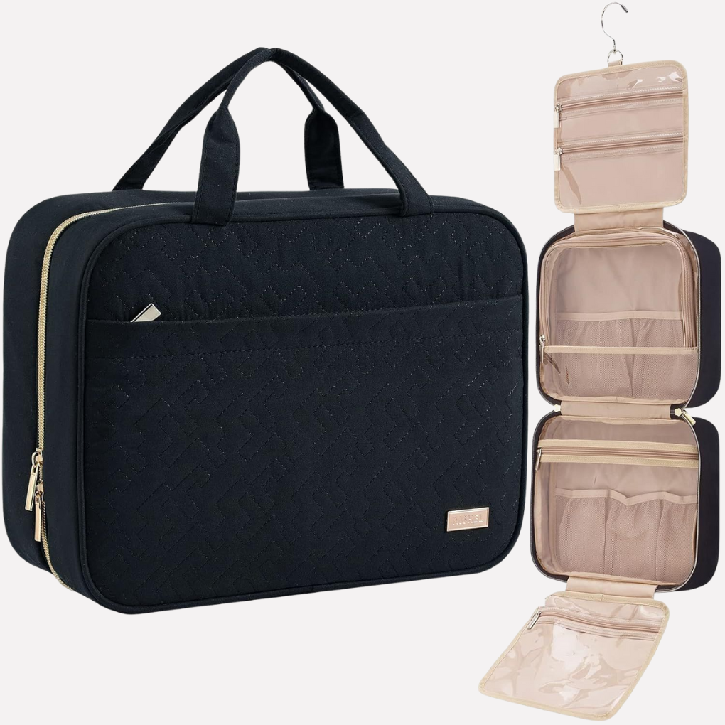 Stijlvolle zwarte reistoilettas, unisex organizer met opvouwbaar design en praktische hanghaak voor onderweg.