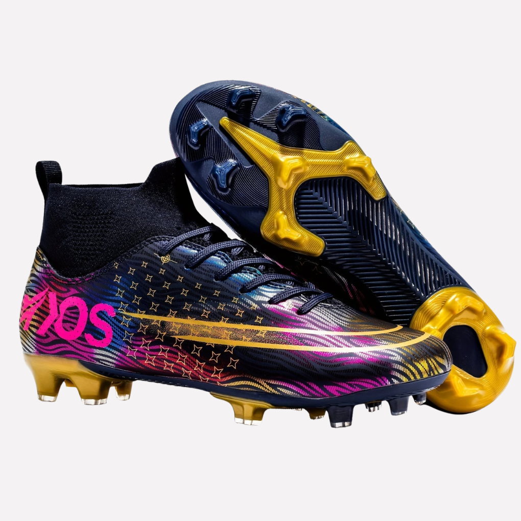Zijkant heren voetbalschoenen met ondersteunende hoge enkelkraag, essentieel voor stabiliteit tijdens voetbalwedstrijden.